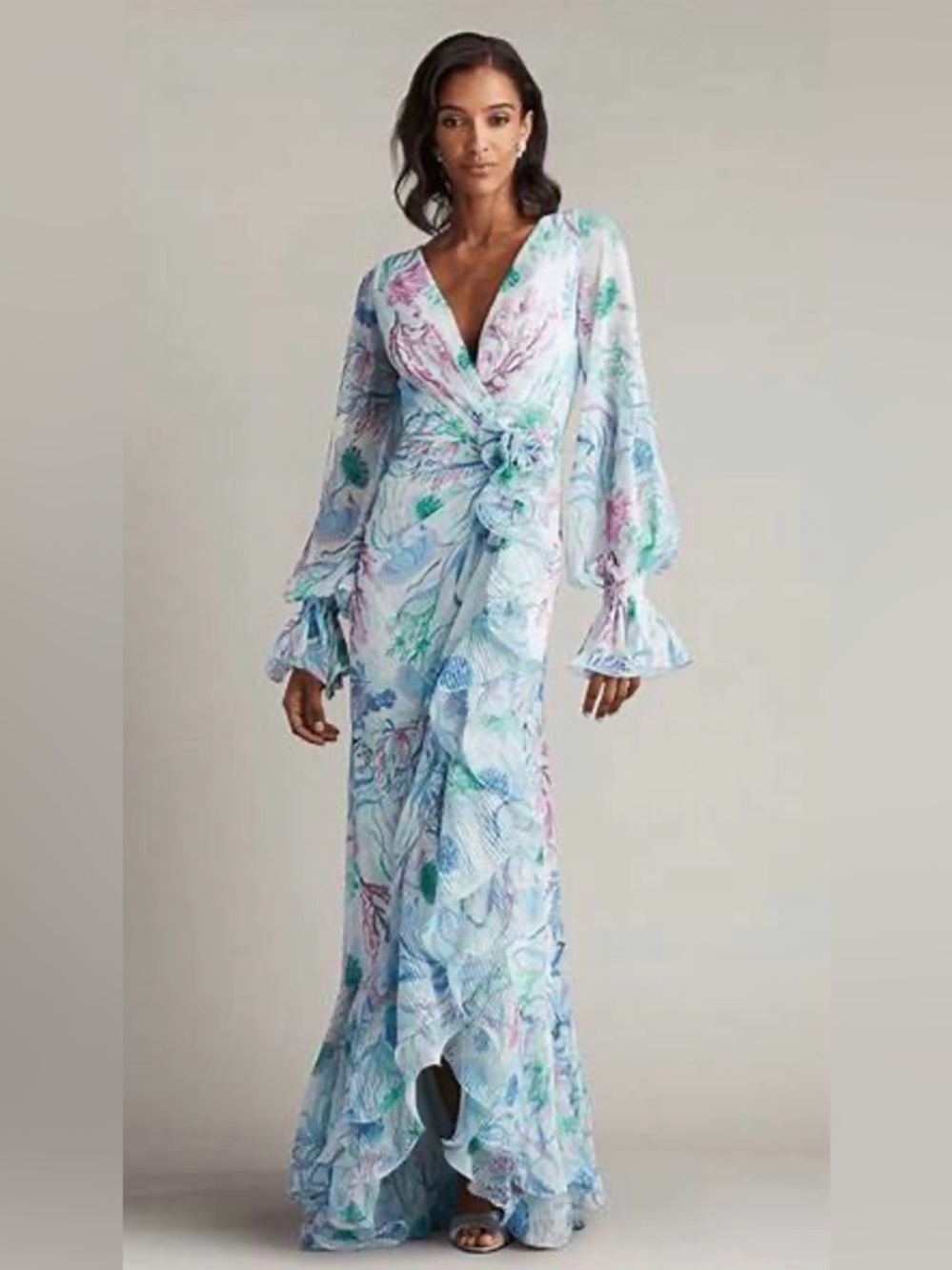 Tadashi Shoji Floral Long Sleeve Ruffle Gown